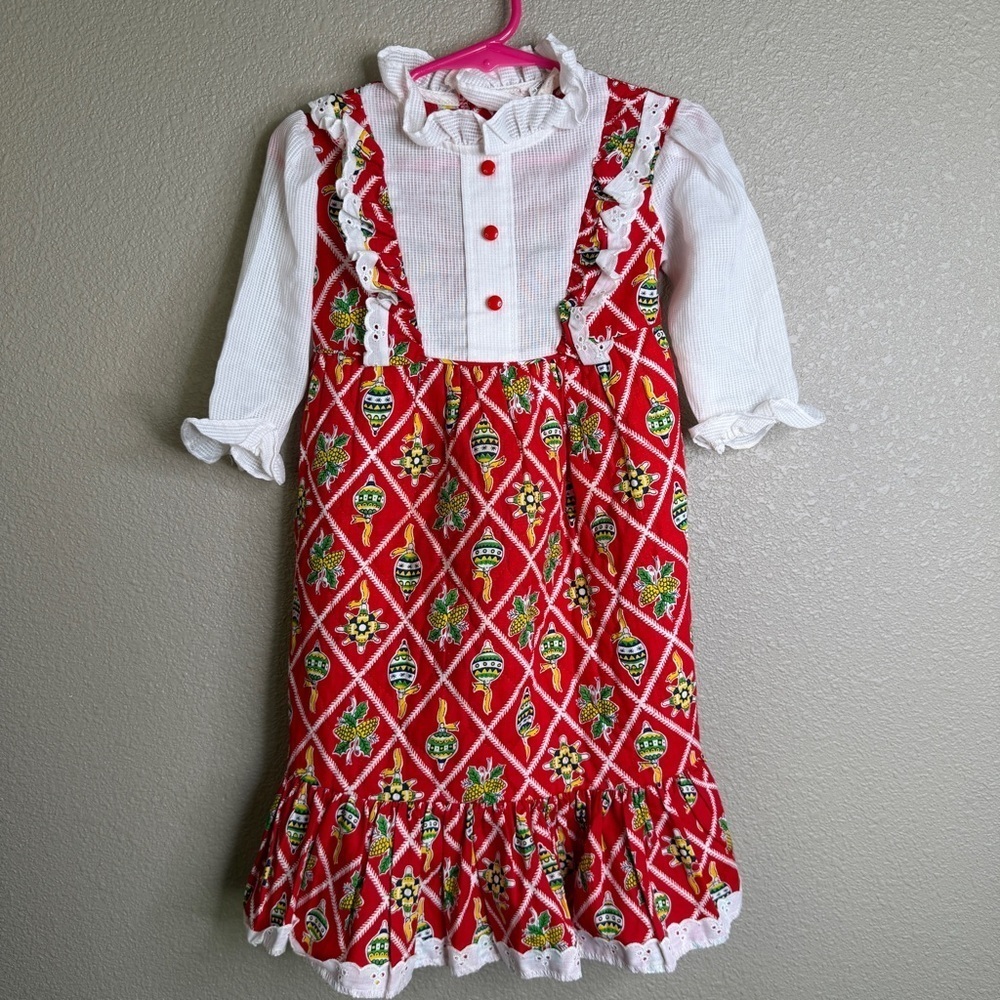 Vintage Toddler Quilted Holiday Dress Red Print w/ Ruffle Trim – Size 2T - Picture 1 of 7